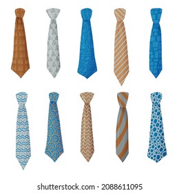 Vector set of men's ties. Elegant textiles with a variety of textures. men's accessories in cartoon style.