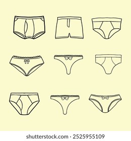 Conjunto de Vector de hombres y mujeres de diferentes tipos de pantalones de ropa interior