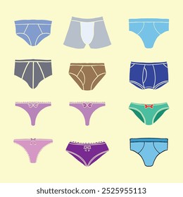 Conjunto de Vector de hombres y mujeres de diferentes tipos de pantalones de ropa interior