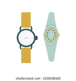 Vector Set of men's and women's watches. Watches collection isolated on white background. Bright hours. Vector illustration