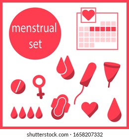 Concepto menstrual del conjunto vectorial. Artículos de higiene femenina. Calendario menstrual, tampones, toallitas, taza menstrual, medicamentos. Colección de objetos de puntos. Rojo rosa