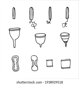 Vector set of menstrual hygiene products in doodle style. Hand-drawn feminine hygiene items: pad, tampon, menstrual cup,