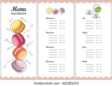 Vector set of menu for cafe shop of sweets prices of macaroons and drinks