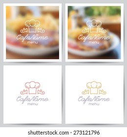 vector set of menu cover templates, logo for cafe or restaurant and blurred backgrounds of food