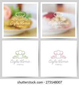 vector set of menu cover templates, logo for cafe or restaurant and blurred backgrounds of food