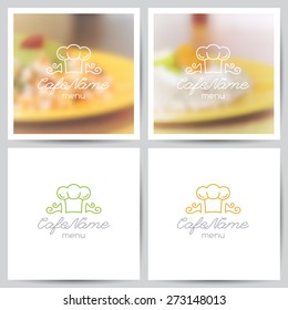 vector set of menu cover templates, logo for cafe or restaurant and blurred backgrounds of food