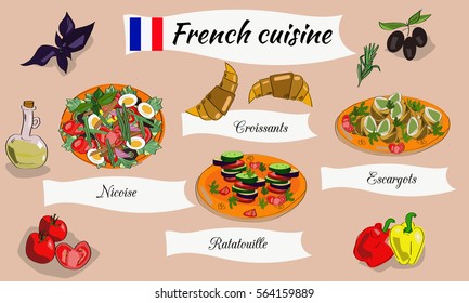 Vector set menu of French dishes. Traditional French food.