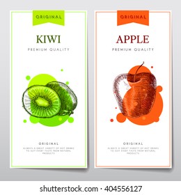 Conjunto vetorial de menus sobre o tema das frutas. Folhetos com uma imagem de kiwi e maçãs para cafés ou restaurantes.