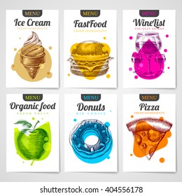 Vector set of menus on the topic of food for cafes and restaurants.