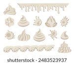 Vector set  meringues and creams isolated from background. Cream swirls. Food liquid cream  top of cakes. Set of whipped cream in various forms.Tasty food cliparts for recipes, stickers. 