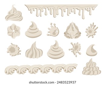 Vektorgrafik setzt Meringues und Cremes isoliert vom Hintergrund. Creme wirbelt. Speiseflüssigkeit Sahne oben von Kuchen. Set aus Schlagsahne in verschiedenen Formen. Leckere Lebensmittel-Clipart für Rezepte, Aufkleber. 