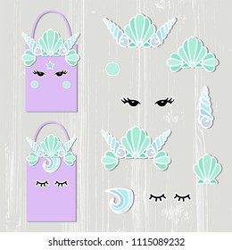 Vector set with Mermaid Crown, Sea Shells, eyes. Mermaid symbols as patch, stick cake topper, sticker, drink topper, paper cut decoration. Mermaid bag creator.