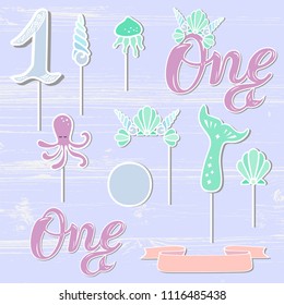 Vector set with Mermaid Crown, Sea Shell, One, ribbon. One handwritten lettering as patch, stick cake topper, laser cut plastic, wooden toppers. Props for First Year Baby Anniversary, Birthday party