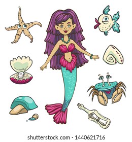 Vector set of mermaid and ocean elements: stones, crab, bottle, fish. Cartoon children illustration