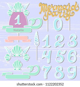 Vector set with Mermaid Party text, Sea Shell Crown, numbers. Mermaid Party lettering as patch, stick cake toppers, laser cut plastic, wooden toppers. Design elements for baby birth, Birthday party