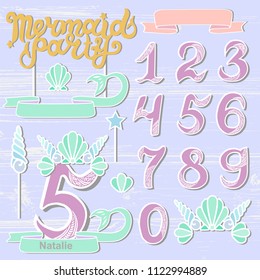 Vector set with Mermaid Party text, Sea Shell Crown, numbers. Mermaid Party lettering as patch, stick cake toppers, laser cut plastic, wooden toppers. Design elements for baby birth, Birthday party