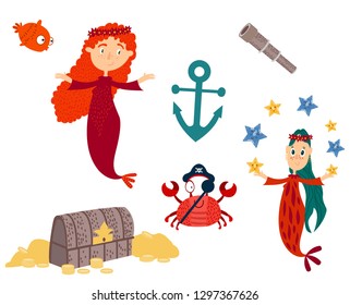vector set with mermaids, crab, chest