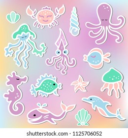 Vector set with Mermaid's friends: octopus, dolphin, whale, sea hourse, crab. Ocean animals as sticker, patch, stick cake toppers. Props for First Year Baby Anniversary, Birthday, Under the Sea party.