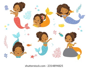 Conjunto vectores de sirenas. Ilustración de la bella joven sirena de la etnia africana americana