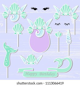 Vector set with Mermaid's Sea Shell Crown, Tail, eyes. Mermaid symbols as patch, stick cake topper, sticker, drink topper. Props for baby birth, Mermaid, Birthday party, First Birthday anniversary