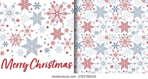Vector set: Merry Christmas banner and seamless pattern with red and blue geometric snowflakes. Modern winter holiday background for fabric, wrapping, web, and cards. 