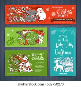 Vector set of Merry Christmas banners. Christmas decorations, Christmas tree and baubles, Santa with sack, gifts, deer, music notes, gingerbread man, candy cane, Christmas hand-written lettering.