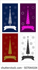 Vector set of merry Christmas cards. Blue, red, black, white, pink Christmas template, banner, flyer. Element modern festive design with Christmas tree and  geometric snowflakes in style of minimalism