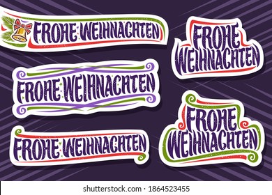 Vector set for Merry Christmas in German language, 5 cut paper logos with german text - frohe weihnachten (merry christmas), decorative flourishes, gold bell and spruce branches on purple background.