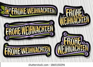 Vector set for Merry Christmas in German language, 5 dark logos with german text - frohe weihnachten (merry christmas), decorative flourishes, golden bell and coniferous branches on grey background.