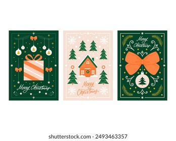 Vector set of Merry Christmas greeting cards. Handwritten calligraphy with Christmas symbols, vintage holiday banners