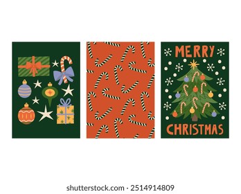 Vector set of Merry Christmas greeting cards. Hand lettering with Christmas symbols, vintage holiday banners 