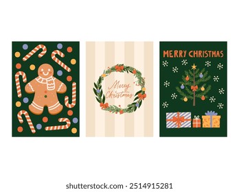 Vector set of Merry Christmas greeting cards. Hand lettering with Christmas symbols, vintage holiday banners. Christmas tree with glass ornaments, snowflakes, gifts