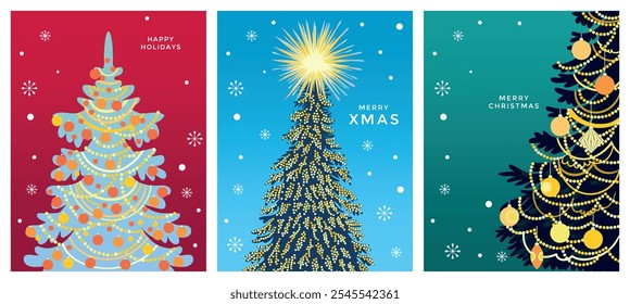 Vector Conjunto de tarjeta de felicitación de Navidades alegres. Diseño de moda con decoraciones de árboles de Navidad, regalos, copos de nieve, estrellas. Ilustración vectorial de dibujo hecho a mano.