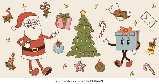 Vector set of Merry Christmas and Happy New year symbols. Illustrations of retro Christmas tree, gift character, Santa Claus, gingerbreads, candy, candle, ornaments, bell and bow with holly berry