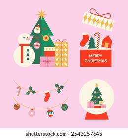 Vector set of merry christmas holiday flat style.Illustration of Tree,Santa,Snowman,Gift,Snow Globe.