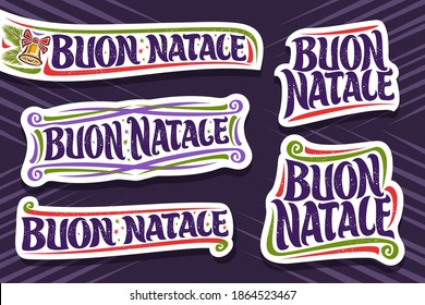 Vector set for Merry Christmas in Italian language, 5 cut paper logos with italian text - buon natale (merry christmas), decorative flourishes, golden bell and spruce branches on purple background.