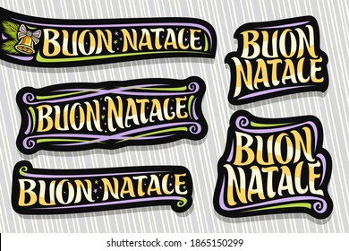 Vector set for Merry Christmas in Italian language, 5 dark cut out logos with italian text - buon natale (merry christmas), decorative flourishes, gold bell and spruce branches on grey background.