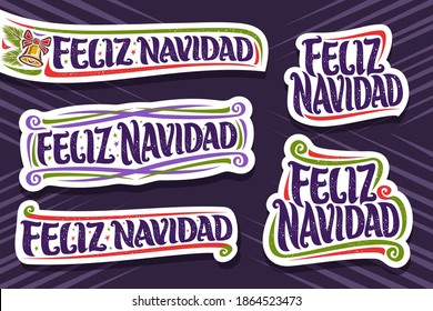 Vector set for Merry Christmas in Spanish language, 5 cut paper logos with spanish text - feliz navidad (merry christmas), decorative flourishes, golden bell and spruce branches on purple background.