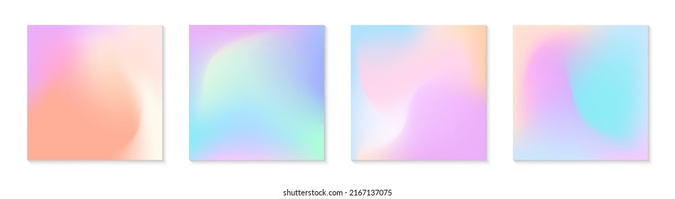 Vector set of mesh gradient backgrounds in soft pastel colors.Copy space for text.Abstract fluid illustrations in y2k aesthetic.Modern templates for banners,branding design,social media,covers.