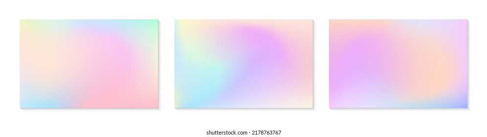 Vector set of mesh gradient backgrounds in soft pastel colors.Copy space for text.Abstract fluid illustrations in y2k aesthetic.Modern templates for banners,branding design,social media,covers.