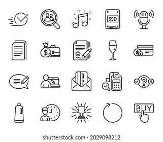 Vector set of Message, Quiz test and Copywriting line icons set. Search employees, Online education and Loop icons. Musical note, Shampoo and Trophy signs. Message web symbol. Vector