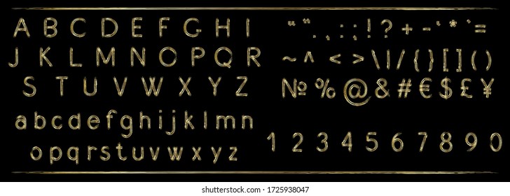 Vector set. The metal alphabet is written in golden chalk on a school blackboard. Set letters, numbers, punctuation, money symbols. Font for inscriptions, lettering.