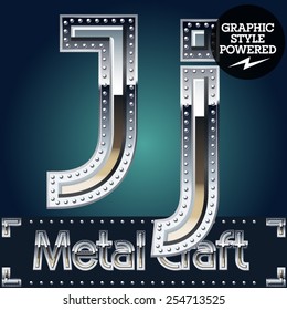 Vector set of metal aluminum alphabet with riveted border. Letter J