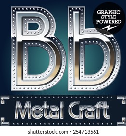 Vector set of metal aluminum alphabet with riveted border. Letter B