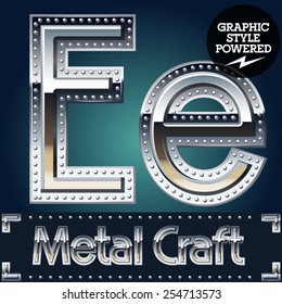 Vector set of metal aluminum alphabet with riveted border. Letter E