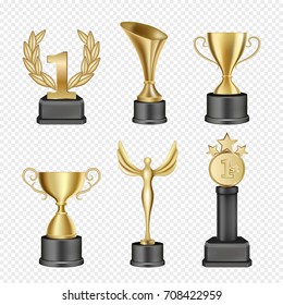 Vector set of metal award cups. Realistic gold trophy cup icons. Sports and corporative awards.