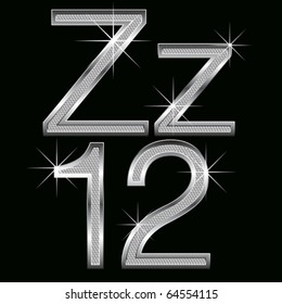 vector set of metal diamond letters and numbers big and small