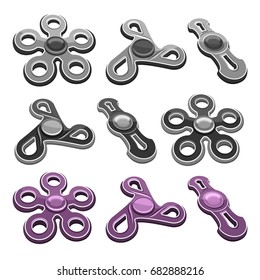 Vector set of metal Fidget Spinners isolated on white background, anti stress purple pentagonal toy, monochrome icons popular hand fidget spinner, logo of metallic kids relaxation spinners gyroscope.