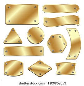 Conjunto vectorial de placas de metal dorado aisladas sobre fondo blanco