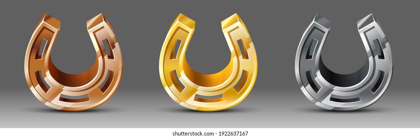 Vector set of metal plated horseshoes in gold, bronze and silver. 